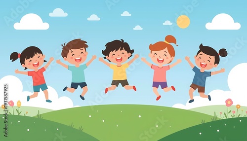 Happy Children Jumping and Playing Outdoors