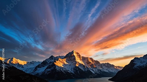Snowy mountain peaks with colorful clouds and lake reflection