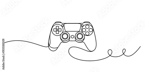 Minimalist single line art illustration of a gaming console gamepad on white background
