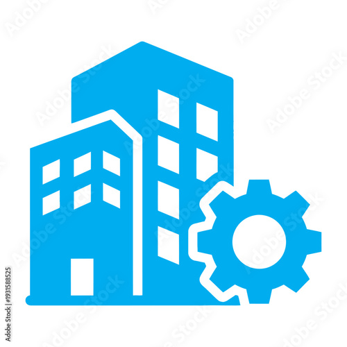 Blue Buildings with Gear Icon Illustration.