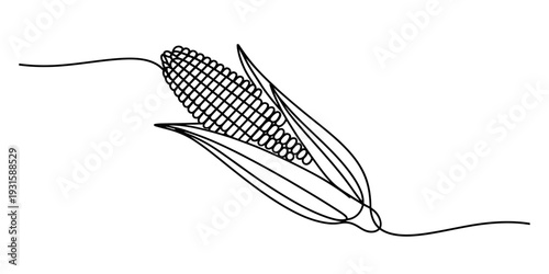 Continuous one line drawing of an ear of corn with husks isolated on white background.