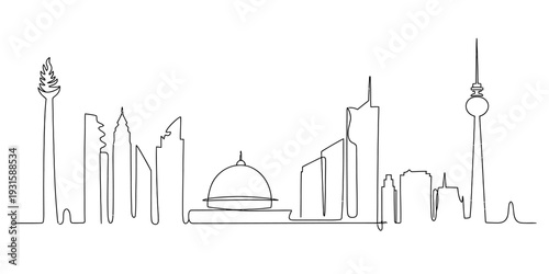 Minimalist continuous line drawing of the kuwait city skyline featuring famous landmarks.
