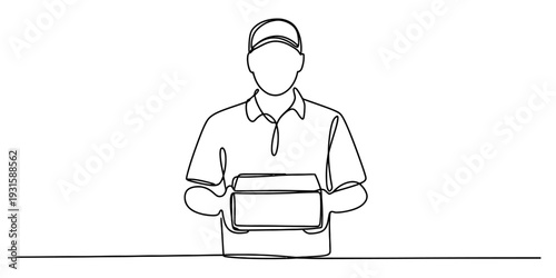 Continuous line drawing of a delivery man holding a cardboard box package in his hands.