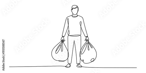 Continuous line drawing of a man standing and holding two large trash bags in both hands. Vector, illustration