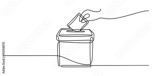 Continuous line drawing of a hand putting a ballot paper into a voting box for an election Vector, illustration
