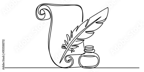 Continuous line drawing of an ancient scroll with a feather quill and an ink bottle on a white background. Vector, illustration