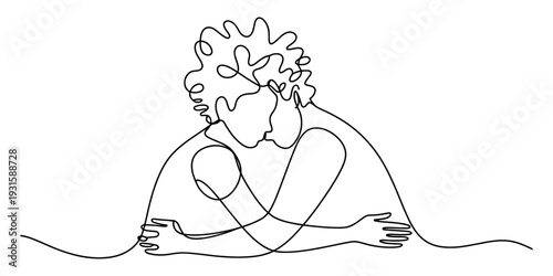 Minimalist continuous line drawing of a couple embracing in a warm and intimate hug Vector, illustration