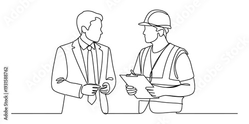 Continuous line drawing of a businessman and construction worker discussing project plans