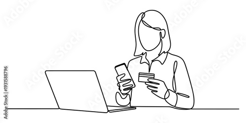 Continuous line drawing of a woman using a laptop and smartphone for online shopping