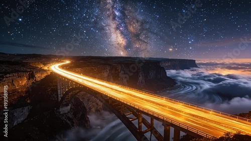 Starry galaxy sky over canyon bridge with light trails