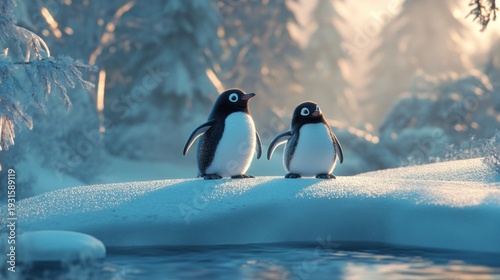 Two adorable penguins stand side-by-side on a snowy bank, a tranquil winter scene