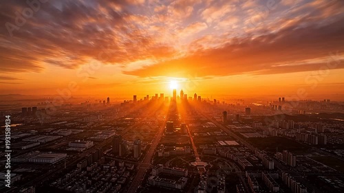 City skyline silhouette with sun and colorful clouds at dusk
