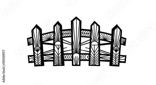 Black and White Fence Illustration with Decorative Posts.