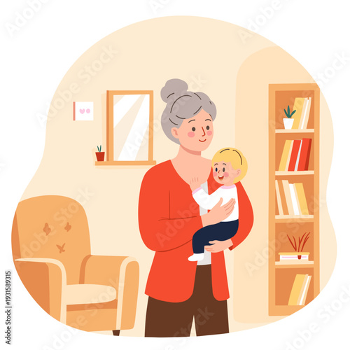 Elderly woman holding a baby in a cozy living room setting. Elderly set