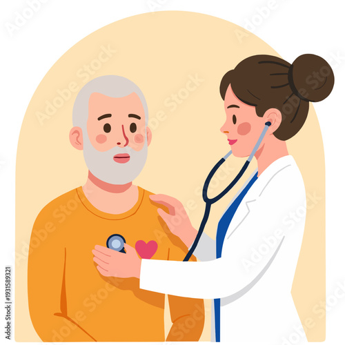 Female doctor examining senior man with stethoscope indoors. Elderly set