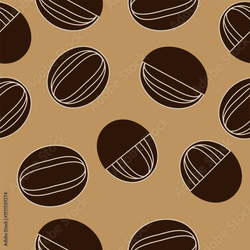 Seamless pattern with stylized coffee beans on warm beige caramel background, dark brown vector ornament