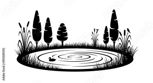 Black and White Illustration of Pond with Reeds.