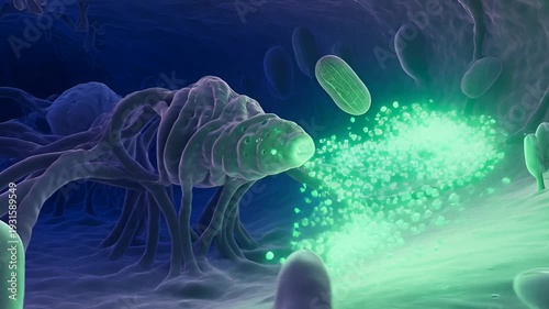 Microscopic Bacteria Attack & Immune Response Scientific Illustration