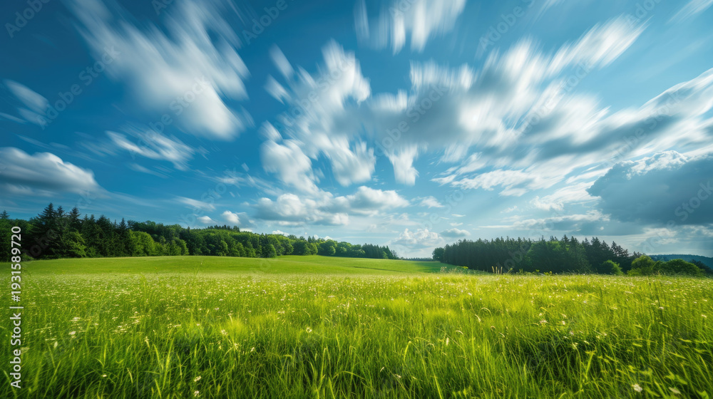 Fototapeta premium Panoramic view of lush green field and bright blue sky on a sunny day. Natural countryside landscape with fresh grass, trees and mountains in the background. Ideal for environmental, organic farming, 