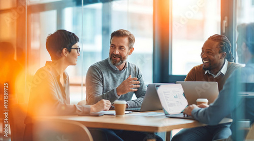 Teamwork and collaboration synergy during a workspace discussion, brainstorming connection, engagement, laughter and sunlight