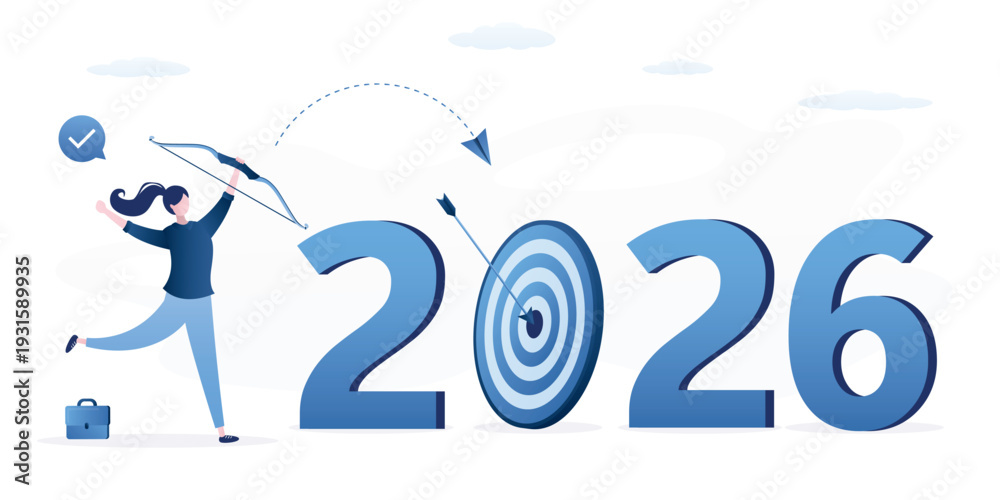 Fototapeta premium Successful businesswoman leader shot archery arrow hitting bull eyes of target year 2026. Business strategy plan, goal achievement. Financial target for calendar 2026 year.