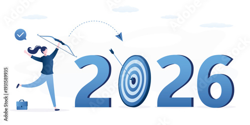 Successful businesswoman leader shot archery arrow hitting bull eyes of target year 2026. Business strategy plan, goal achievement. Financial target for calendar 2026 year.
