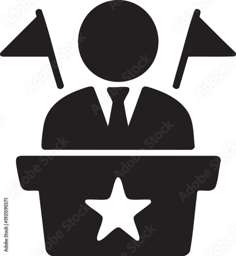 Politician speaking at a podium with flags, black and white icon representing public speaking, elections, and politics