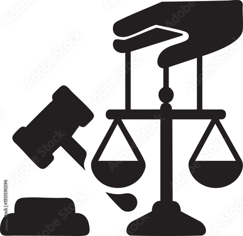 Justice scales being tipped by a gavel, representing legal judgment and court proceedings, black and white vector icon