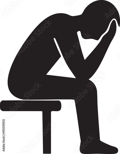 Silhouette of a person sitting on a stool with their head in their hands, looking sad, stressed, or contemplative. Symbol of despair, loneliness, or mental anguish.