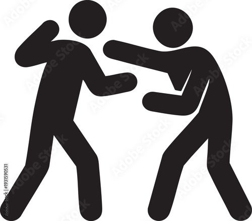 Two people in silhouette fighting, boxing, or engaging in combat. Action illustration representing physical confrontation, sports, or a fight.