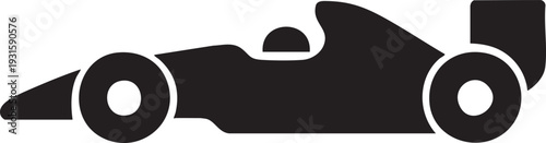 Black and white silhouette of a Formula 1 racing car, representing speed, competition, and motorsport. Simple vector graphic of a sports car.
