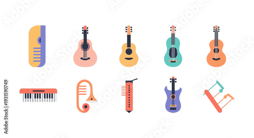 A colorful array of musical instruments on display for a lively music festival in the city.