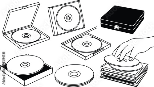 CD DVD disc and case vector illustration set, optical media storage line art collection design elements