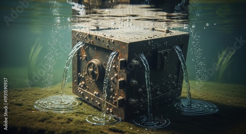 Rusted Metal Safe Submerged Underwater Leaking Streams Of Water Into A Clear Green Depths With Bubbles And Ripples