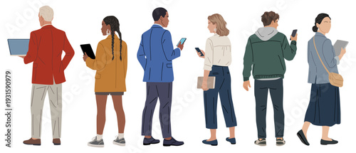 Diverse full body business people standing back view, using phones, tablets, and laptops in casual professional attire, realistic gestures, flat colorful style, modern office context.