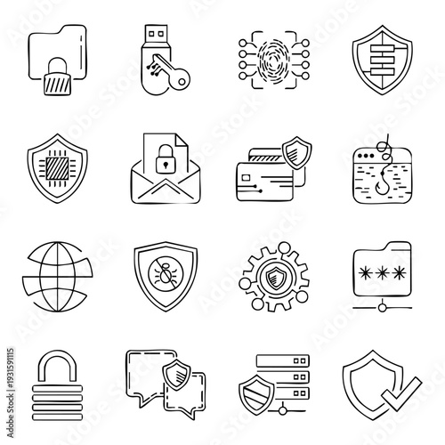 A set of line art icons depicting various security-related concepts, including shields, locks, and other protective symbols. These icons can be used to represent online safety, data protection