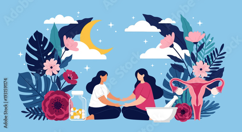 Women's Holistic Reproductive Health and Wellness. Female Self-care, Hormonal Balance, Natural Remedies, and Modern Medicine Illustration.