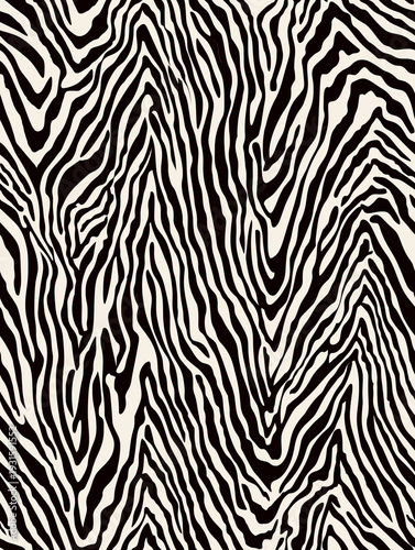 Seamless zebra stripe pattern in bold black and off-white, organic wavy lines filling the frame for fashion prints, wallpaper, and modern decor.