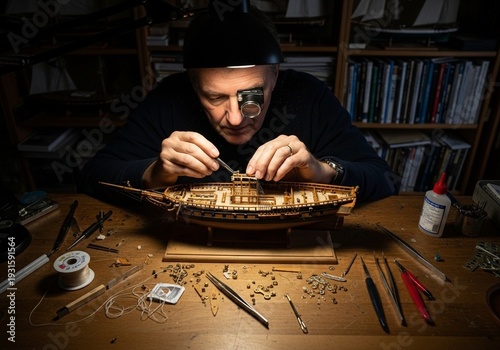 Skilled craftsman meticulously assembling intricate ship model with tools and magnifying equipment at workbench detail focused hobbyist creating