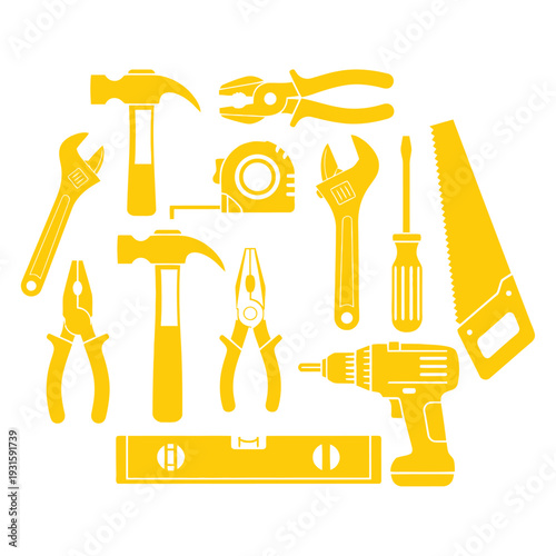 Collection of Various Yellow Tools Icons.