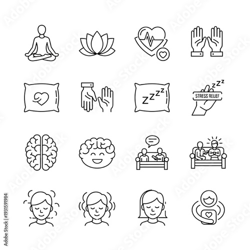 Mindfulness meditation icons for wellness apps and holistic health