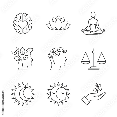 Self care and mental health vector icons for therapy and healing