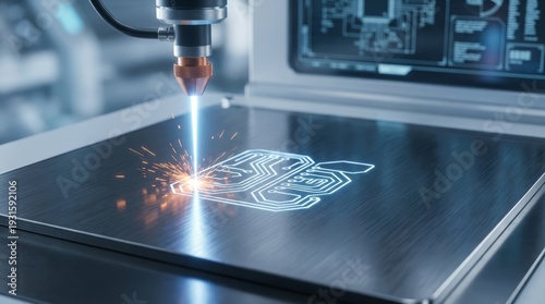Industrial Laser Engraving Machine Working On Circuit Board With Sparks And Blue Light