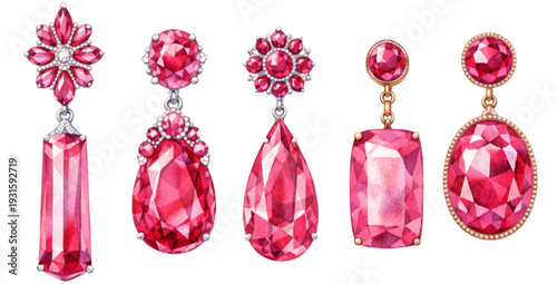 A charming watercolor collection of pink tourmaline earrings, including oval, pear, and emerald cuts.