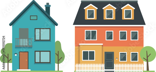 Flat CAD vector illustration of two modern residential houses side by side, teal and orange exterior architecture design