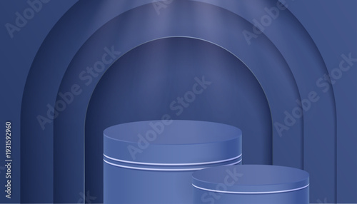 Modern blue podium stage with glowing circular light rings. Ideal for product showcase, presentations, branding visuals, technology events and promotional backgrounds.