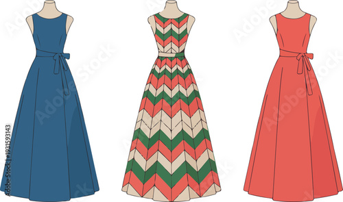 Minimal hand-drawn sleeveless summer dresses with cut-out waist, flowy skirts, drawstring details, geometric patterns, fashion flat vector illustration