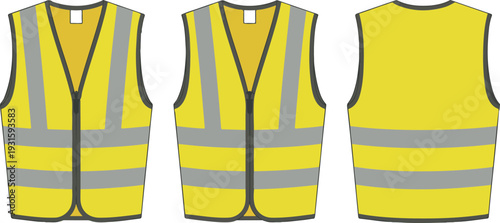 Bright yellow high-visibility safety vests with reflective stripes, protective workwear CAD drawing, front and back view flat vector