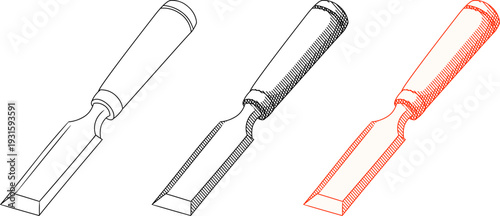 Vintage wood chisel illustration set Hand drawn etching style,a carpentry tool.for woodworking branding, artisan logos, and DIY workshop materials.