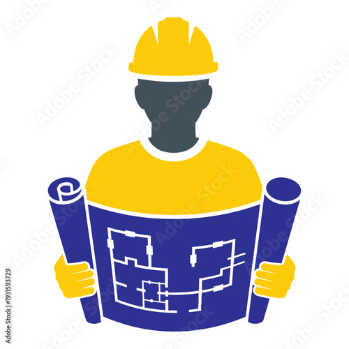 Construction Worker Holding Blueprints and Plans.